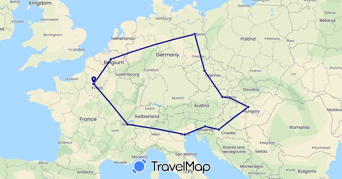 TravelMap itinerary: driving in Austria, Belgium, Switzerland, Czech Republic, Germany, France, Croatia, Hungary, Italy, Slovenia, Slovakia (Europe)